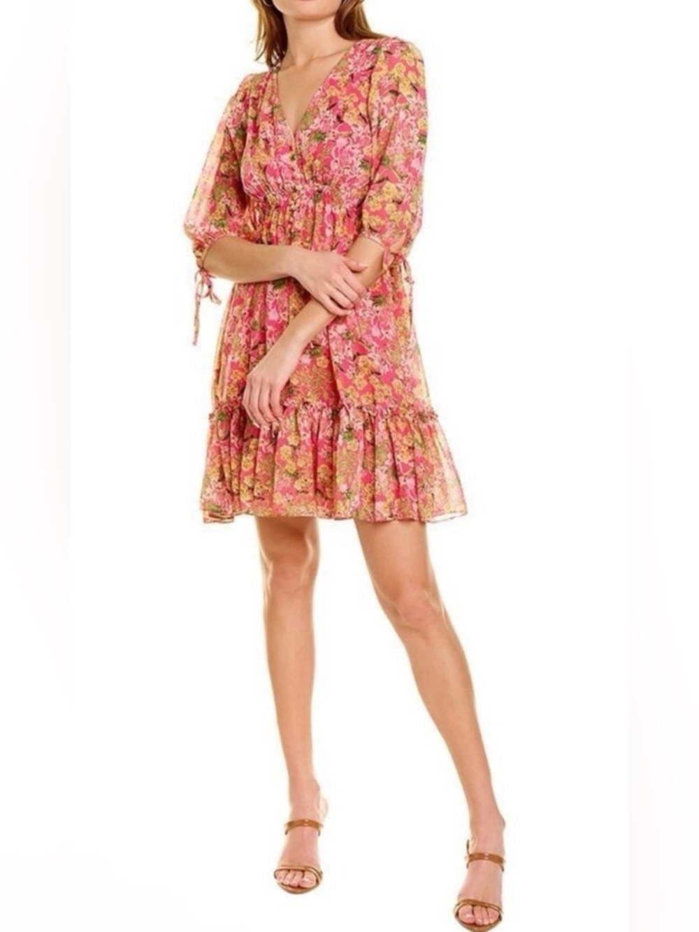 NWT Taylor Pink Floral V-Neck Ruffle Mini Dress 3/4 Sleeves